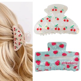 Strawberry Cherry Hair Claw Clips for Women Girls, 2 Pcs Cute Claw Clips for Thick and Thin Hair,Acrylic Strong Hold Hair Jaw,Her Summer Beach Vacation Accessory Gift (D)