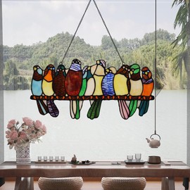 YOURANJU 10 Birds Stained Glass Window Hanging 16" x 8" Handmade Tiffany Style Animals Rectangular Transom Window Panel Perfect for Living Room Bedroom Kitchen Window Decor Hangings with Chain