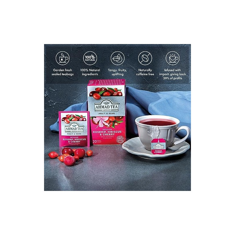 Ahmad Tea Rosehip & Cherry Infusion, 20-Count Tea Bags, Rosehip,