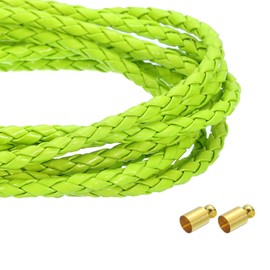 QUARKZMAN 4 mm 2.19 Yards Braided Leather Cord, Round Braided Genuine Leather Cord Rope Folded for Jewellery Making, Binding, Necklaces, Lemon Yellow