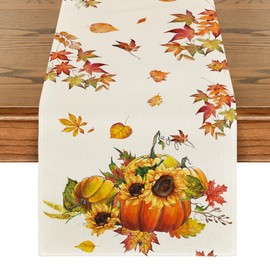 Artoid Mode Pumpkins Maple Leaves Sunflowers Autumn Table Runner Seasonal Kitchen Table Decoration Indoor Holiday Party Decor 40 x 180 cm