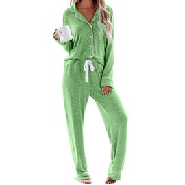 Aamikast Women's Two-piece Classic knit Pajama Sets Long Sleeve Button Down Sleepwear (Small, Lake Green)