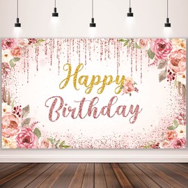 Happy Birthday Backdrop Decorations for Women Background Party Supplies Rose Backdrop Photography for Girls Boys Floral Glitters Banner Wedding Baby Shower Decor (Rose Gold)