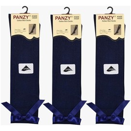 Panzy® 3 pairs Girls Bow Knee High School Plain Long Length Cotton Stretch With all size & colour (Set of 3 pairs) (UK 12-3.5 (EU 30-35.5) fits 7-10 yrs, Navy)