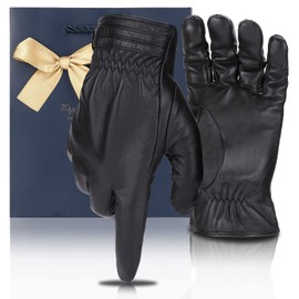 kemimoto Sheepskin Leather Driving Gloves for Men Women All Fingers Touchscreen Texting Riding Winter Dress Black Gloves Short Wrist Medium