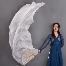 1 Pair Women Real Silk Belly Dance Fan Veils - Handmade Long Bamboo Fans for Professional Dancing 180cm * 90cm (Left+Right) (White)