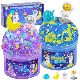 Joytry Galaxy Cloud Slime Kit 2 Pack (14oz), Space Slime8 with Astronaut Charms & Glitter, Glow in The Dark Add-ins, Soft & Non-Sticky Sensory Toys, for Kids Ages 8-12