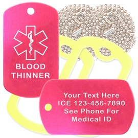 Custom 2 Pack - Blood Thinner Medical Alert ID Necklaces with Pink Hot Custom Tags, Yellow Silencers, and 30'' USA Chains