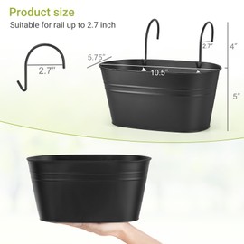 Dahey 3 Pcs Hanging Flower Pots for Railing Fence Outdoor Planter, 10.6 Inch Metal Wall Planter for Plants Countryside Window Flower Holder with Hooks Drainage Holes for Garden Yard Home Decor, Black
