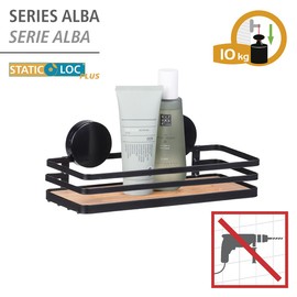 WENKO Static-Loc® Plus Wandablage Mod. Alba, Badezimmerablage aus lackiertem Stahl & Bambus, Befestigen ohne Bohren, sicherer Halt durch statische Haftung, 26,5 x 12,5 x 11 cm, Schwarz/Natur