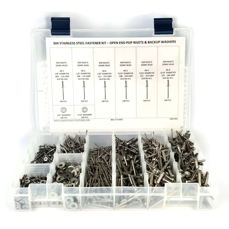 Stainless Steel Pop Rivet Assortment Kit with Backing Washers -