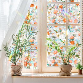 Niviy Orange Wildflowers Stained Glass Window Film, Rainbow Window Film Glass Decals Static Cling Stickers, Windows Tint for Home Bathroom (16.93 x 39.37inch)