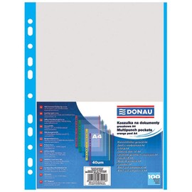 DONAU 1774100PL-10 Document Wallets Grained Blue Border Top Open Transparent Pockets Perforated Plastic Cover for Documents Papers Files Folder Polypropylene DIN A4 Transparent 40 Micron µm Pack of