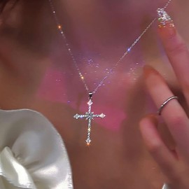TseanYi Crystal Cross Pendant Necklace Boho Crucifix Cross Necklace Silver Cz Cross Choker Necklace Shine Crystal Cross Charm Necklace Sparkling Cross Choker Necklace Chain