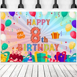 Happy 8th Birthday Colorful Banner Backdrop Rainbow Color Art 8 Years Old Party Background Decorations for Girls Boys Kids Bday Photography Supplies