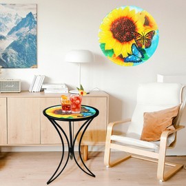 J-Fly 12 Inch Outdoor Side Table, Round Patio Accent Indoor End Table with Glass Top & Metal Base for Living Room, Office, Balcony, Sunflower Butterfly Indoor Furniture Decor(20" Height)
