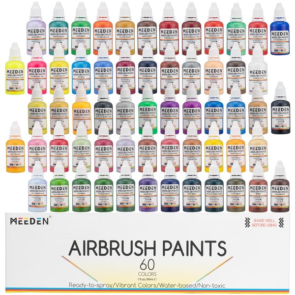 MEEDEN Airbrush Paint Set, 60 Colors/30ml Airbrush Paints Contain Metallic and Neon Paints, Ready to Spray, Water Based, for Wood, Models, Leather More, Non-Toxic for Artists, Beginners, and Students