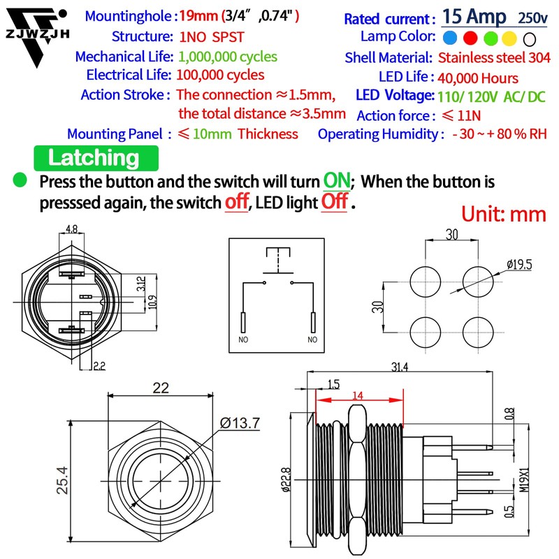 UL Listed 19mm 15Amp Push Button Switch Latching 110V-120V AC/DC