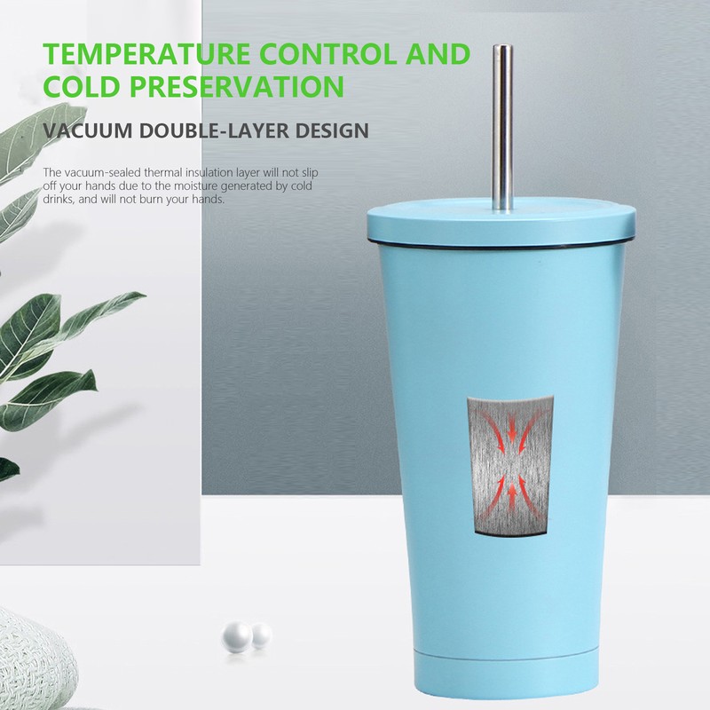 500ML Small Vacuum Coffee Cup Iced Coffee Bottle with Straw