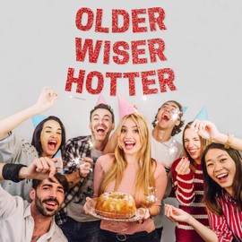 Older Wiser Hotter Banner, Red Glitter Birthday Celebration Decorations, DIY Birthday Banner Backdrop Wall Decor Party Supplies for 30th - 80th