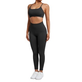 SUUKSESS Women Seamless 2 piece Workout Sets Strappy Padded Sports Bra Booty High Waisted Leggings Outfits (Black,L)