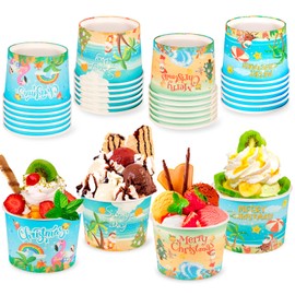 HOWAF 24pcs Summer Christmas Ice Cream Bowls Tropical Christmas Party Supplies Disposable Treat Snack Cups Christmas Paper Dessert Bowls for Sundae Soup Candy Hot or Cold Food