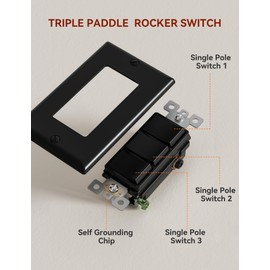 AIDA Single Pole Triple Paddle Rocker Decorator Light Switch, 15 Amp Self-grounding Electrical Light Switches, Residential Grade, UL Listed (5 Pack, Glossy Black)