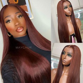 Maycaur Deep Brown Color Synthetic Hair Wigs with Natural Hairline Long Straight Women's Wig Reddish Brown Heat Resistant Synthetic Lace Front Wigs for Fashion Women