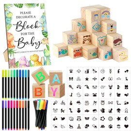 AryiHitt 97 Pcs Baby Shower Game Sign Set Includes Decorative Square Signs 56 DIY Blank Wooden Blocks 20 Paint Markers (Dinosaur)