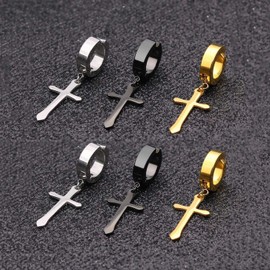 Non-pierced Earrings Set for Men Women Cross Titanium Steel Hoop Dangle Clip On Earring, Metal, No Gemstone