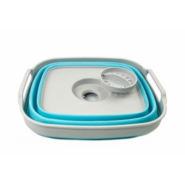 SAMMART 7.5L (2 Gallons) Collapsible Dishpan with Draining Plug - Foldable Washing Basin - Portable Dish Washing Tub - Space Saving y (Grey/Cyanine, 1)