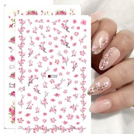 Cherry Blossoms Nail Art Stickers Pink Flower Nail Stickers Cherry Blossom Leaves Cherry Nail Decals 3D Self-Adhesive Design DIY Cherry Blossom Art Supplies for Girl Nail Art Charm Decoration