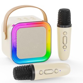 Mini Karaoke Machine for Kids Adults,Portable Bluetooth Speaker, 2 Wireless Microphones with Fun Voice Changing Function-Toys for 5 6 7 8 9 10 Year Old Girl Boys Birthday Gifts Ideas (Beige - 2 Mic)