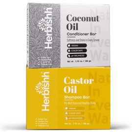 Herbishh Castor Oil Shampoo Bar + Coconut Oil Conditioner Bar Combo – Nourishing Solid Hair Care Set for Dry, Curly, and Thinning Hair – Sulfate-Free, Vegan, Eco-Friendly, 2 x 3.53 oz Bars