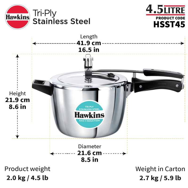 HAWKINS Triply Stainless Steel Pressure Cooker, Inner Lid Cooker, (HSST45)