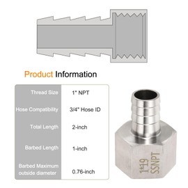 sourcing map Stainless Steel Barbed Fitting 1" NPT Female to 3/4" Hose ID for Home Brew Pipe Fitting Direct Thread Connector Durable Construction