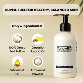 TALLOWRX Tallow Body Lotion – 100% Grass-Fed Beef Tallow for Skin, Face & Body – Pure & Organic Moisturizer with Jojoba Oil, Vitamin E (8 Fl Oz, Vanilla)