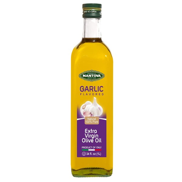Mantova Garlic Extra Virgin Olive Oil (EVOO), Cold-Pressed, Imported from Italy. Topping for salad, vegetables, pasta salad. Perfect for dipping Italian bread or pan frying.