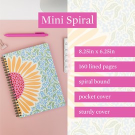 Steel Mill & Co Cute Mini Spiral Notebook, 8.25" x 6.25" Journal with Durable Hardcover and 160 Lined Pages (Sunflower)