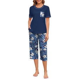 Namatime Womens Cotton Pajama Sets Short Sleeve Capri Pants 2 Piece Lounge Set Comfy Prints Loungewear Sleepwear Pj Set with Pockets Summer Pajamas Blue Flowers Medium