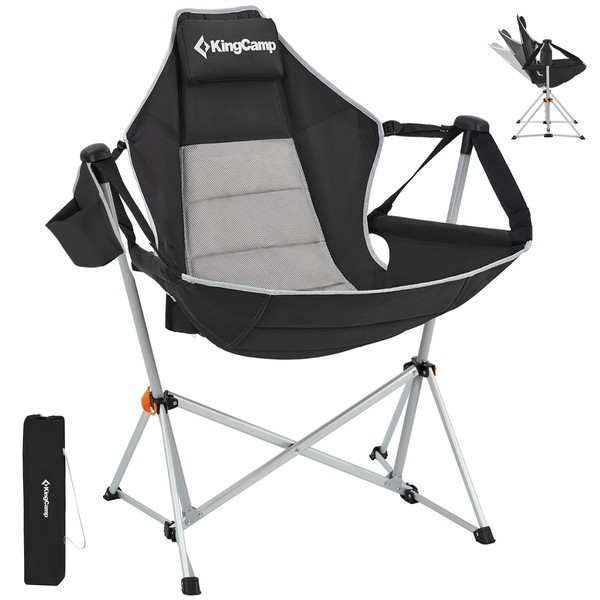 KingCamp Hammock Camping Chair Swinging Rocking Chair for Adults Lawn Beach Camp Outside Portable Folding Chair Hold Up to 264lbs with Adjustable Back Support Carrying Bag Cup Holder