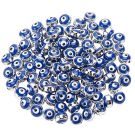NBEADS 100 Pcs Enamel Evil Eye Beads, 8mm Flat Round Evil Eye Beads with Silver Edge Turkish Evil Eye Spacer Beads for Jewelry Making DIY Necklace Bracelet Earring Crafts