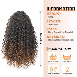 Rafabcici 16 Inch Kinky Curly Deep Wave Drawstring Ponytail Extension for Black Women - Synthetic Hairpiece with 2 Clips, Perfect for Daily Wear (T1B/33)