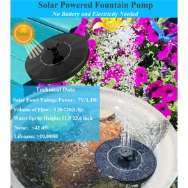 Cookayler Solar Bird Bath Fountain Pump with 6 Nozzle and Anti-collision pole,1.4w Solar Powered Free Standing Floating Water Pump for Fish Tank, Pond, Pool, Garden and Outdoor