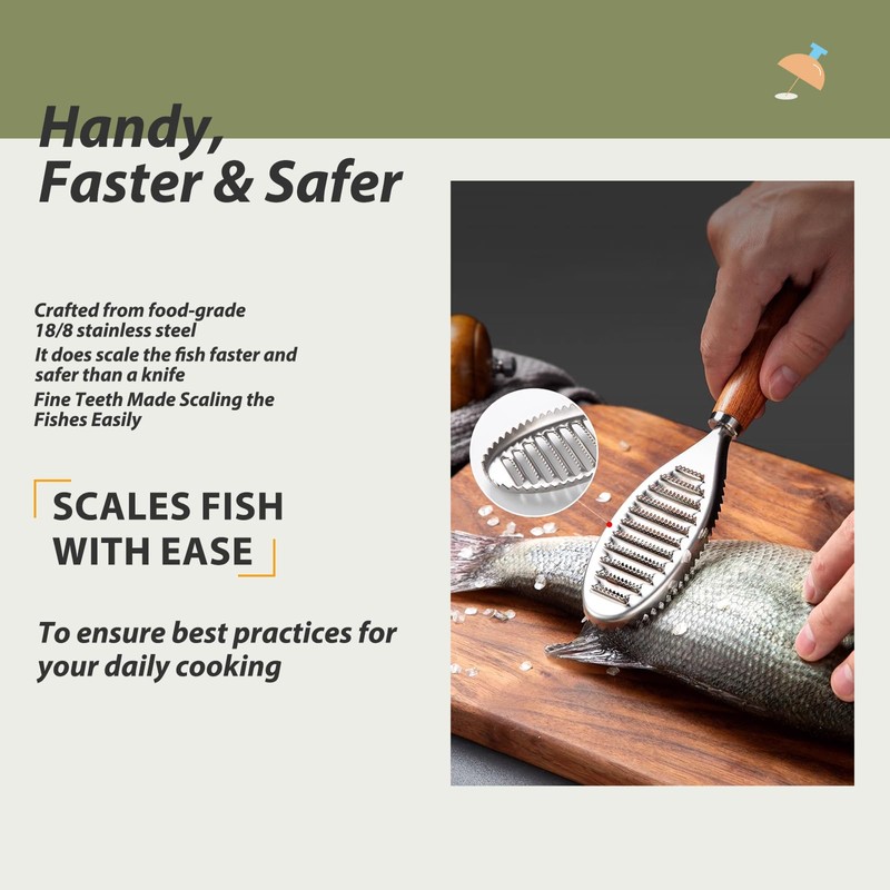 Stainless Steel Fish Scale Remover, Manual Fish Scaler with Wood