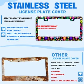 Colorful Folk Floral License Plate Frame Stainless Steel Beautiful Flowers License Plate Holder For Front And Rear Car Tags Funny For Car Decoration Accessories With Screws 6.3 X 12.2 In For Women Men