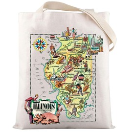 LEVLO Fun State Map Of Illinois Tote Bag Illinois Travel Souvenir Gift 1940’s Illinois Cartoon Illustration Shoulder Bag, Illinois Tote, Large