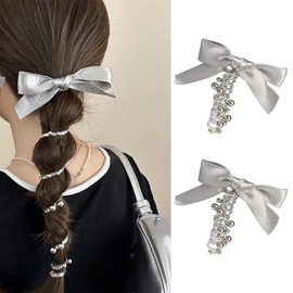 2 Pcs Bow Spiral Hair Ties Silver Bowknot Braided Telephone Wire Hair Bands Elastic Ponytail Holders Phone Cord Hair Scrunchies Hair Accessories for Women