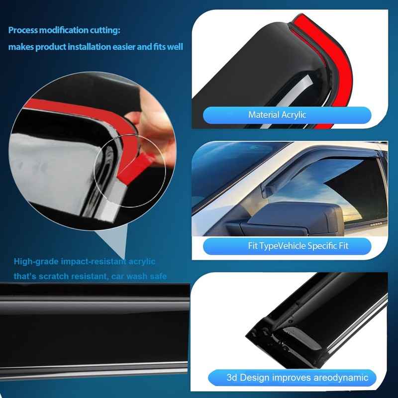TONOYTIM Tape On Window Visors Rain Guards Side Wind Deflectors