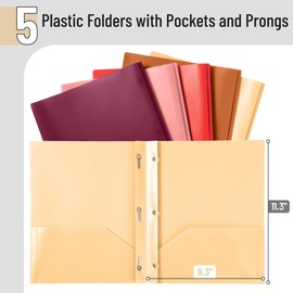 Mr. Pen- Folders with Pockets and Prong with Fasteners, 2 Pocket Folder, 3 Prong Folders, 5 Pack, Plastic, Gold Assortment Color folders, 5pcs